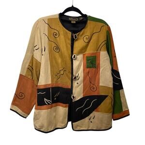 Alex Kim Womens Jacket Blazer Art Deco Owl Buttons Brown Small Patchwork